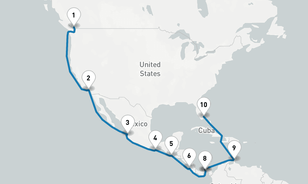 20 days, one-way from Vancouver to Fort Lauderdale 21日間