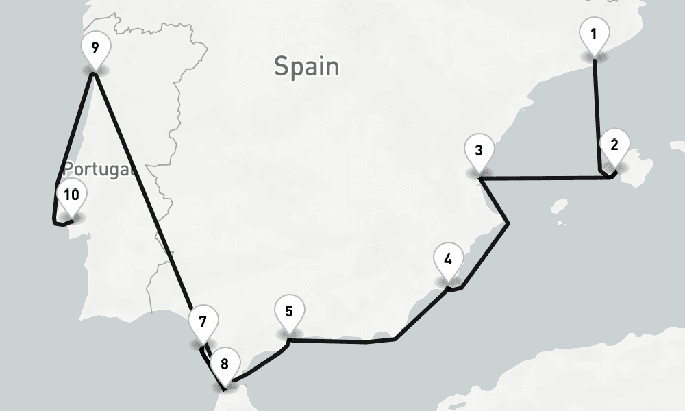 10 days, one-way from Barcelona to Lisbon 11日間