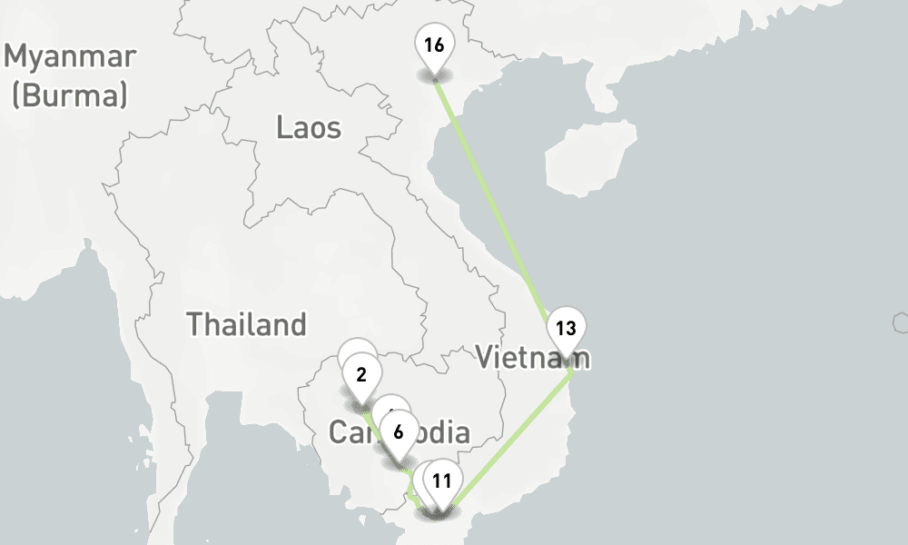 8 days, one-way from Siem Reap to Hanoi 9日間