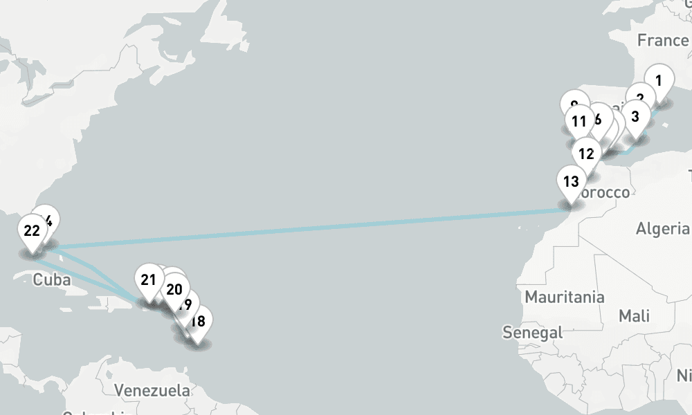 38 days, one-way from Barcelona to Miami 39日間