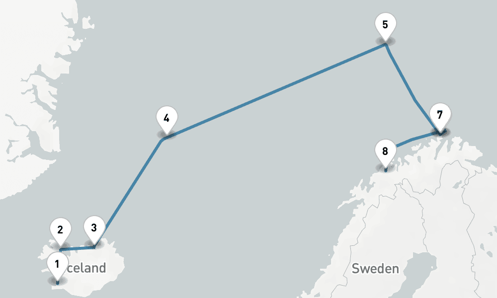 13 days, one-way from Reykjavik to Tromso 14日間