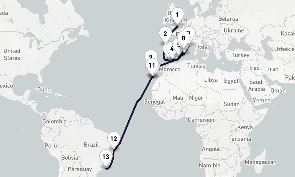 24 days, one-way from Southampton to Rio de Janeiro 25日間