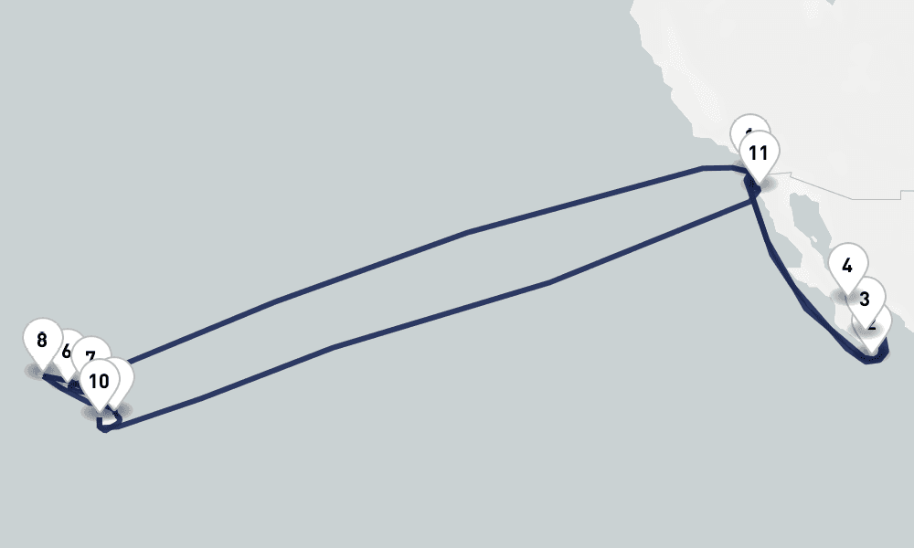 24 days, round-trip Mexico Riviera Circle Hawaii 25日間