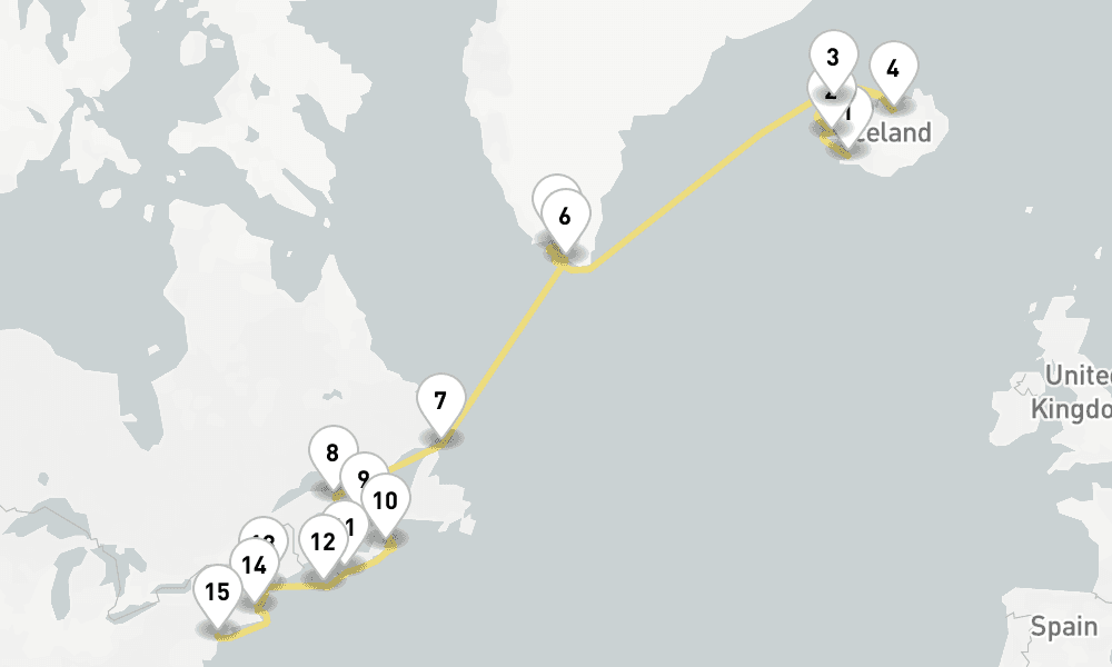 22 days, one-way from Reykjavik to New York 23日間