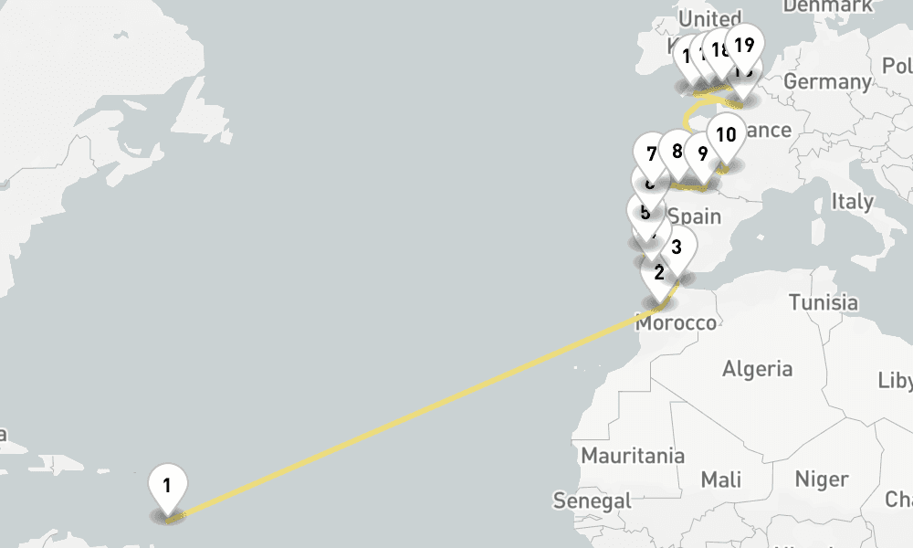 28 days, one-way from Bridgetown to Dover 29日間