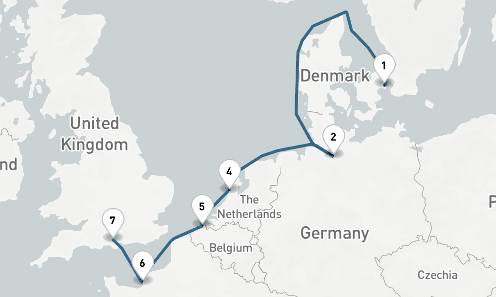 7 days, one-way from Copenhagen to Southampton 8日間