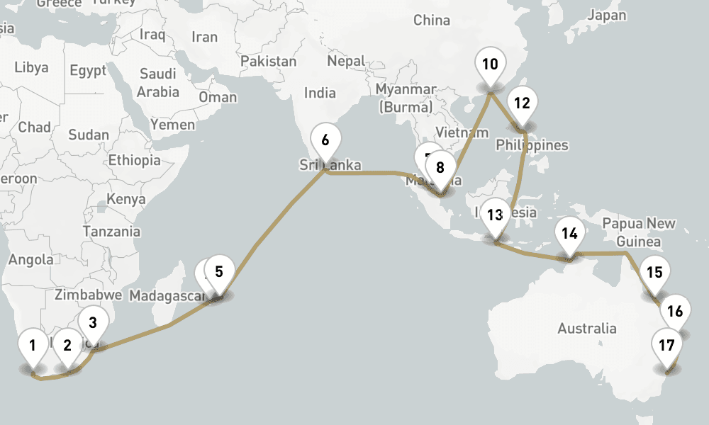 45 days, one-way from Cape Town to Sydney 46日間