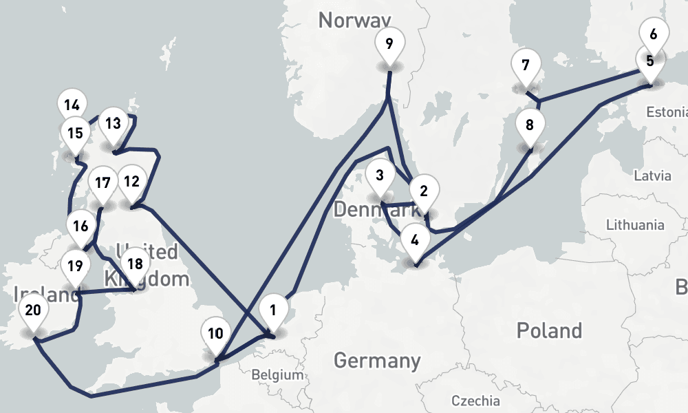 28 days, round-trip Baltic Capitals British Isles Collectors Voyage 29日間