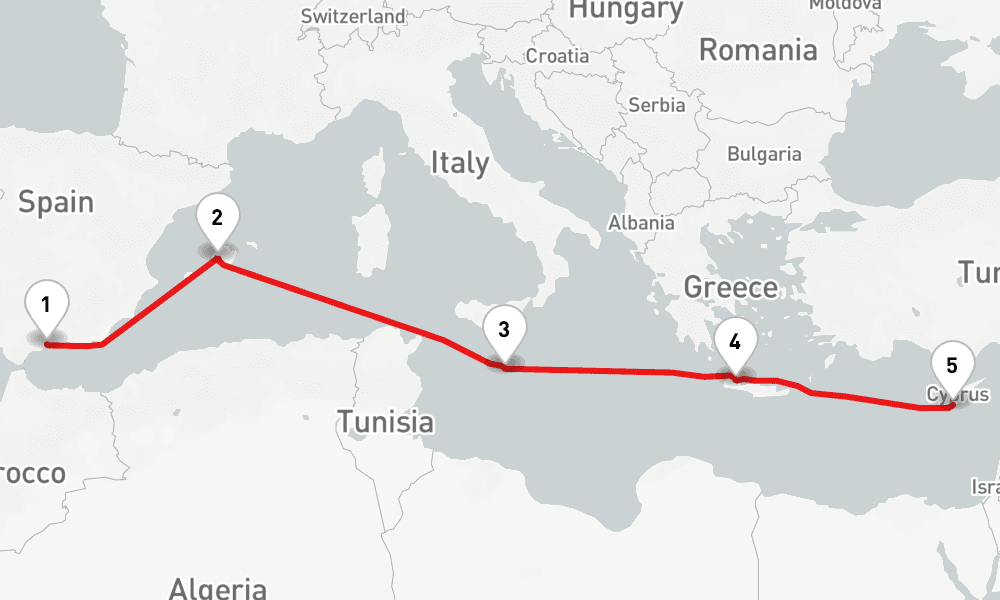 8 days, one-way from Malaga to Limassol 9日間