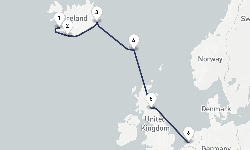 7 days, one-way from Reykjavik to Rotterdam 8日間