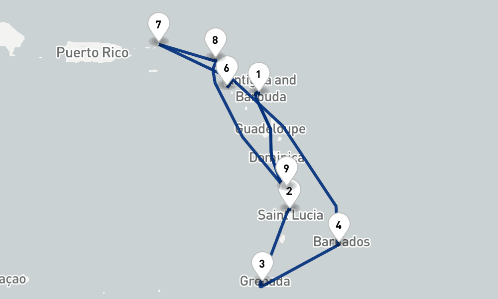 14 days, round-trip Eastern Caribbean Islands Fly-Cruise 15日間