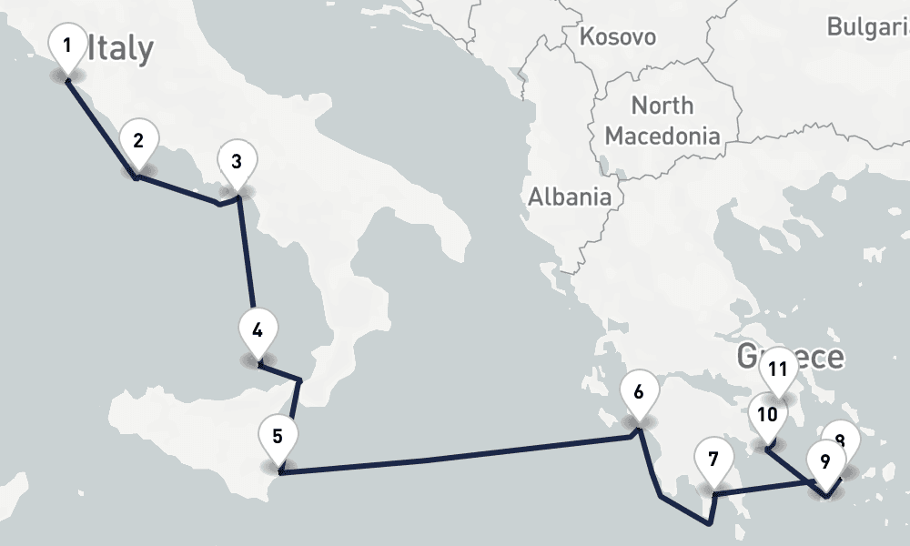 11 days, one-way from Civitavecchia-Rome to Piraeus-Athens 12日間