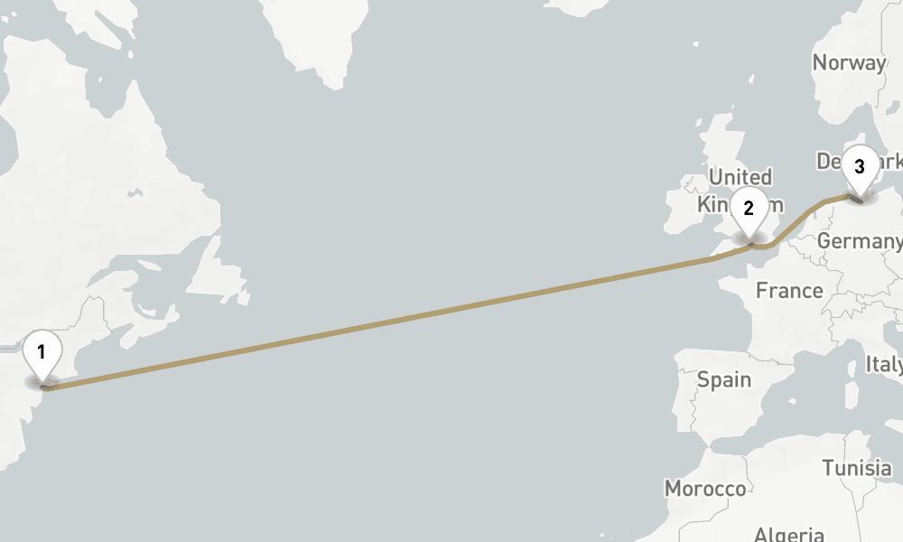 9 days, one-way from New York to Hamburg 10日間