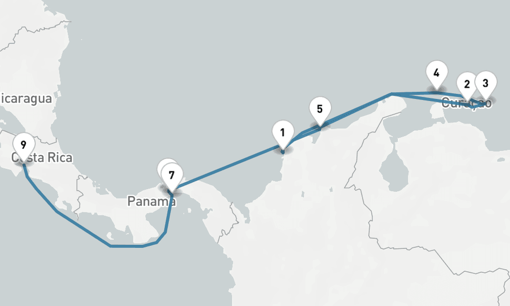 10 days, one-way from Cartagena Colombia to Puntarenas 11日間