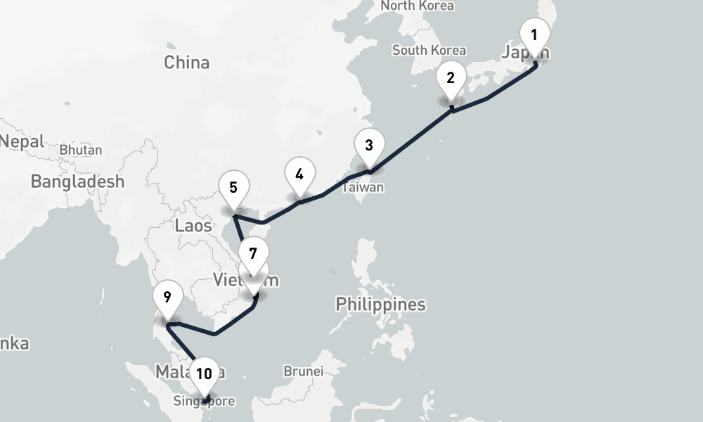 16 days, one-way from Yokohama to Singapore 17日間