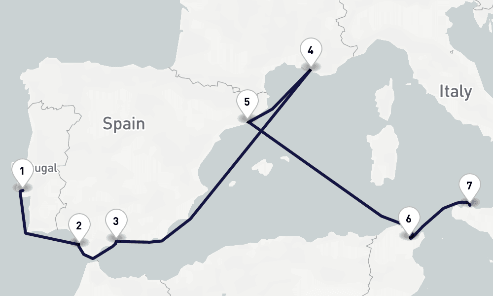 9 days, one-way from Lisbon to Palermo 10日間