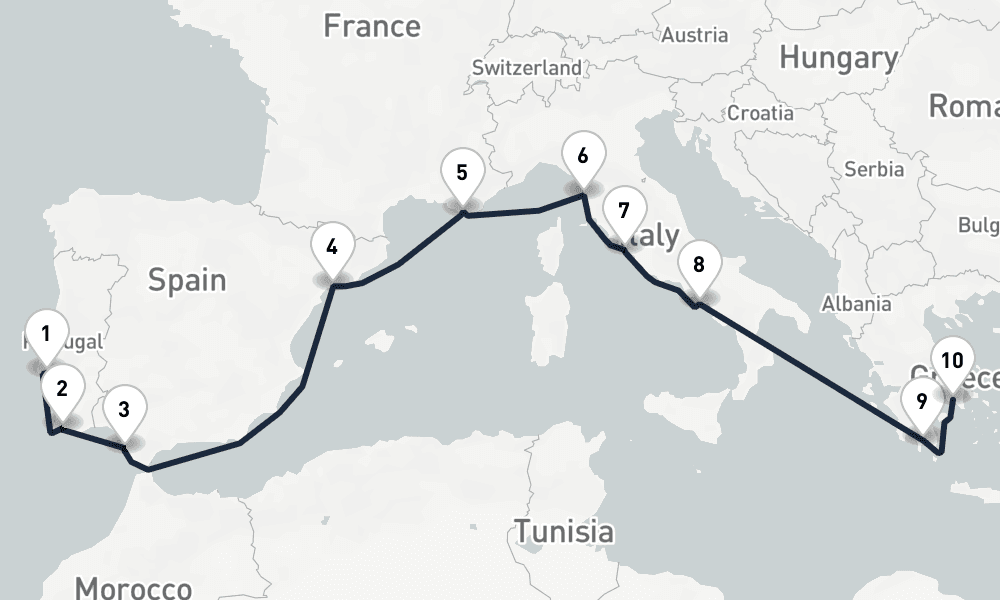 11 days, one-way from Lisbon to Piraeus-Athens 12日間
