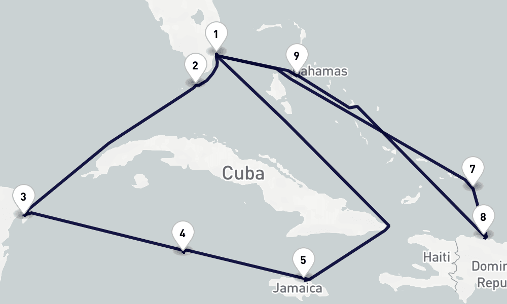 13 days, round-trip Caribbean Bahamas 14日間