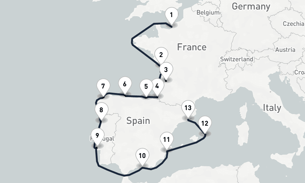 14 days, one-way from Le Havre-Paris to Barcelona 15日間