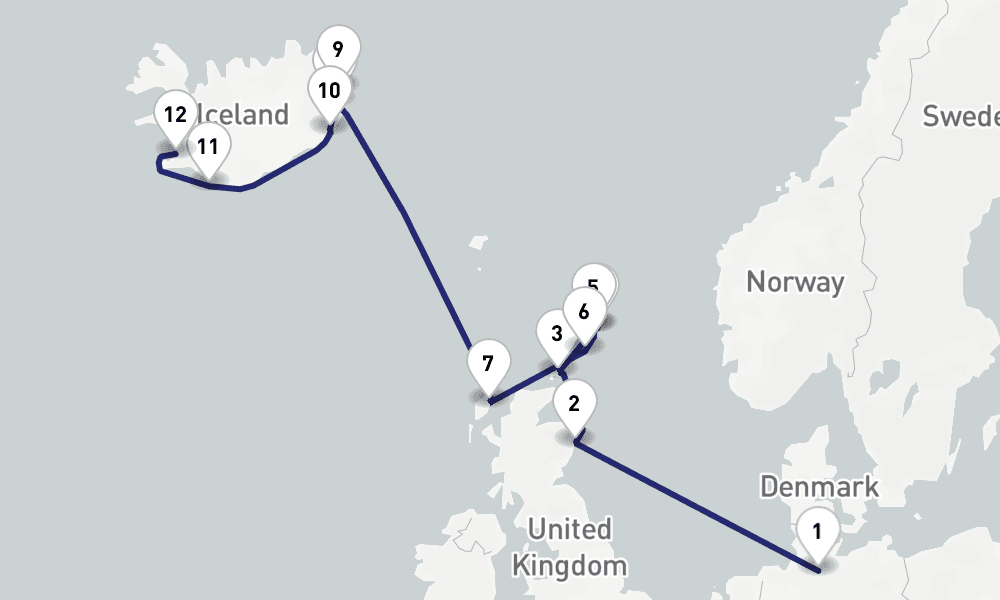 13 days, one-way from Hamburg to Reykjavik 14日間