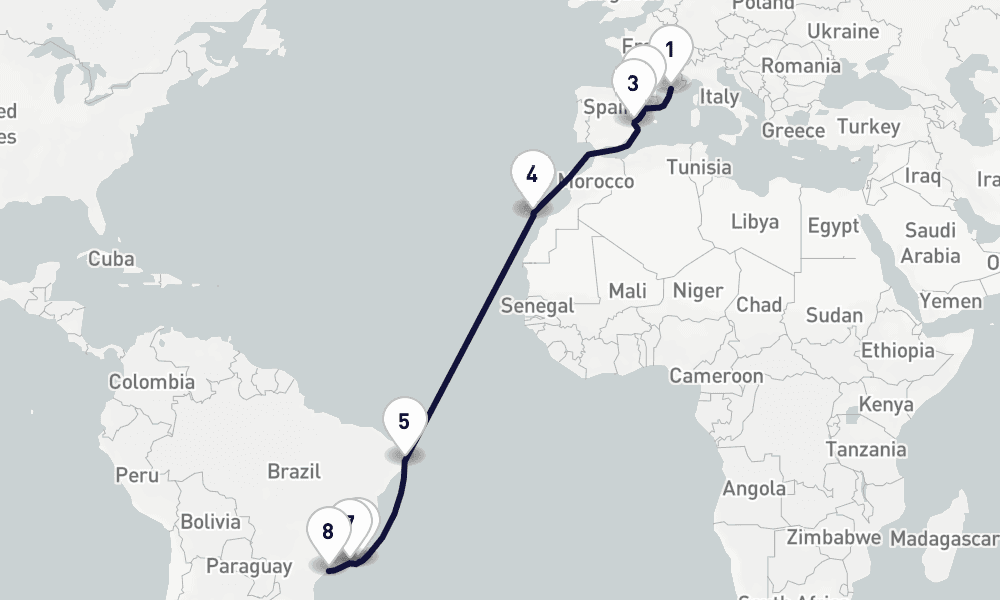 17 days, one-way from Marseille to Santos 18日間