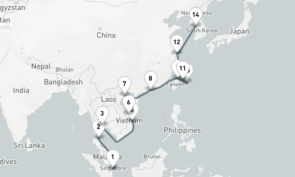 21 days, one-way from Singapore to Incheon 22日間