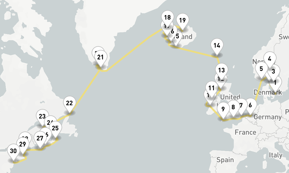 43 days, one-way from Copenhagen to New York 44日間