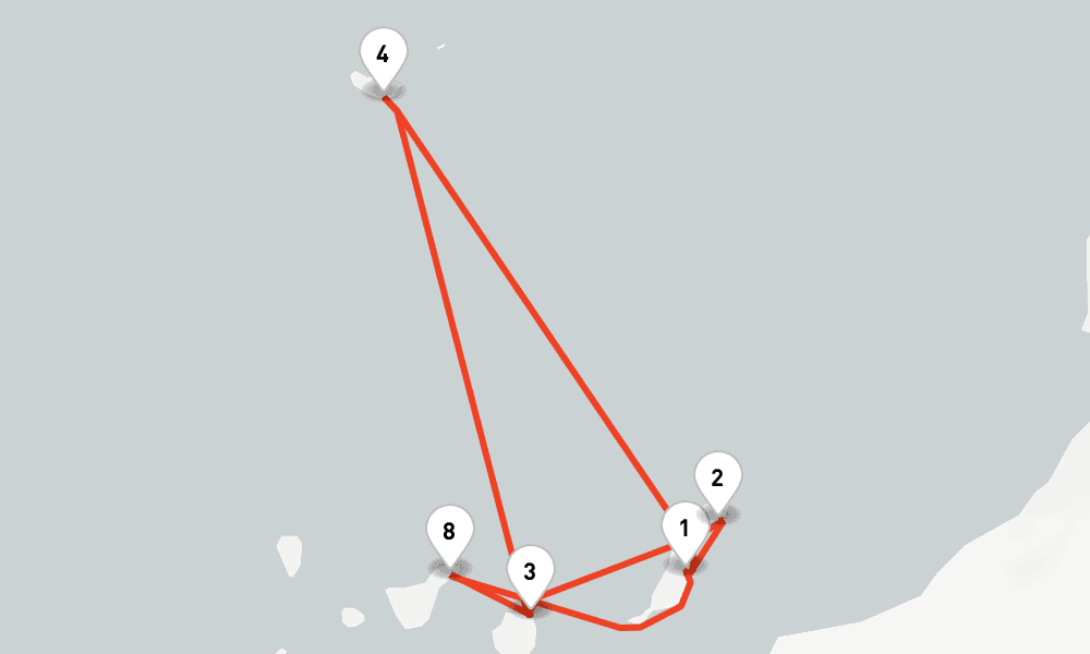 9 nights / 10 days, one-way from Puerto del Rosario (Fuerteventura, Canary Islands) to Las Palmas (Gran Canaria, Canary Islands)
