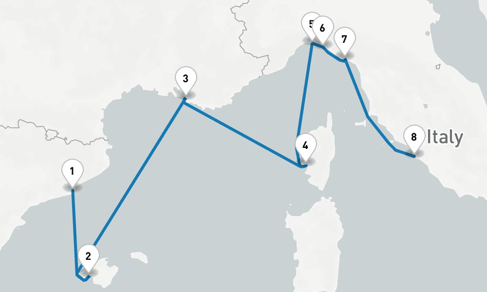 7 days, one-way from Barcelona to Civitavecchia-Rome 8日間