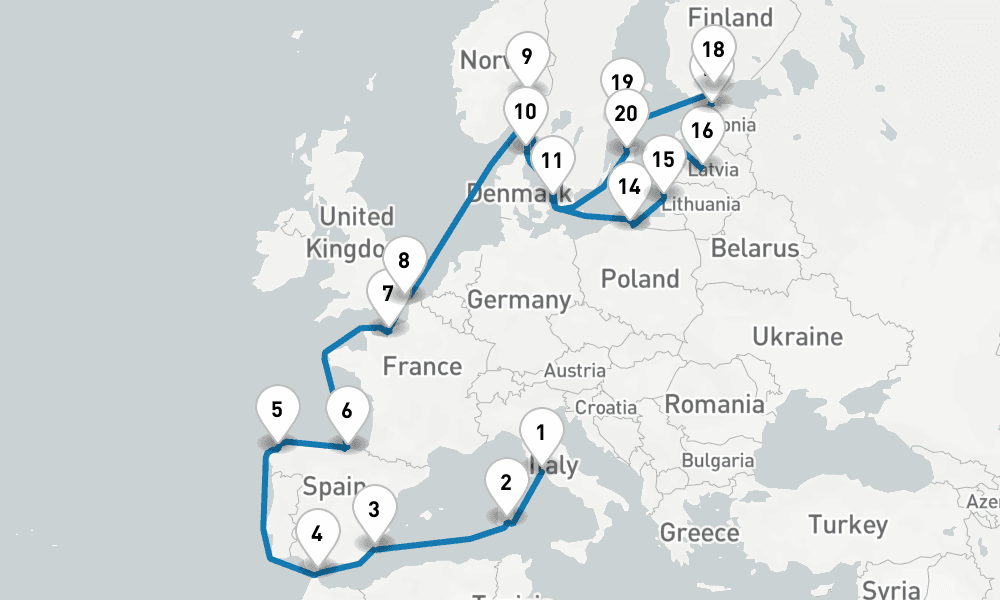 26 days, one-way from Civitavecchia-Rome to Copenhagen 27日間