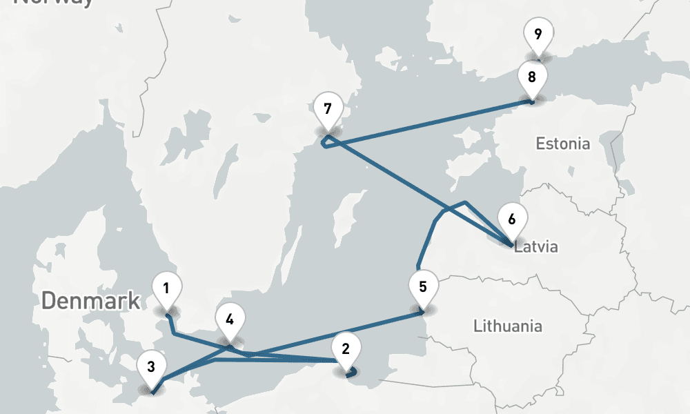 9 days, one-way from Copenhagen to Helsinki 10日間