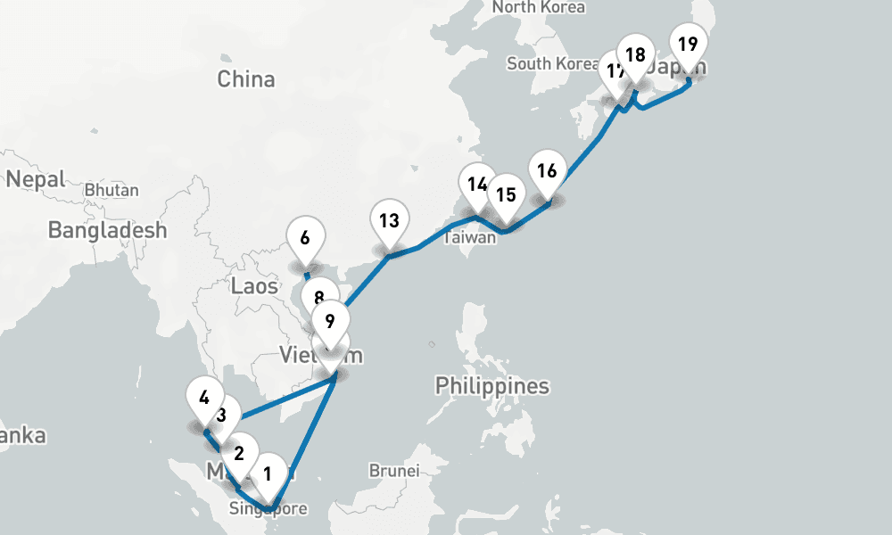 31 days, one-way from Singapore to Yokohama 32日間