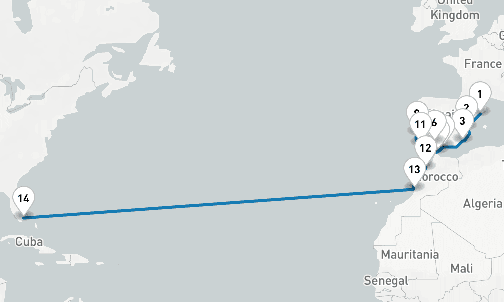 24 days, one-way from Barcelona to Miami 25日間