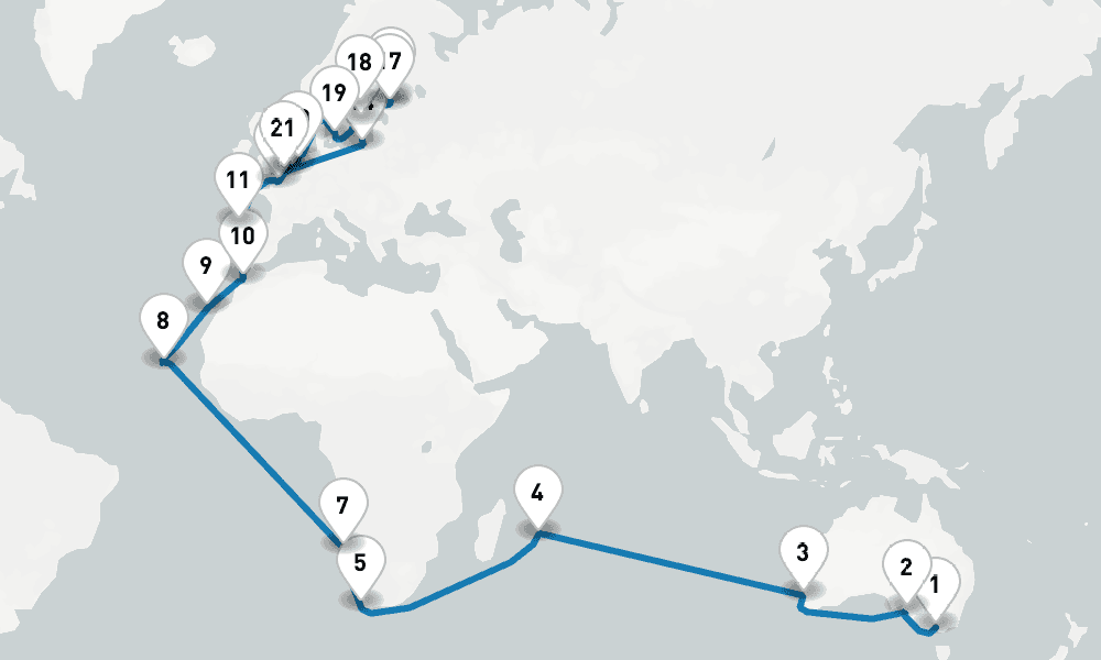 53 days, one-way from Melbourne to Dover 54日間