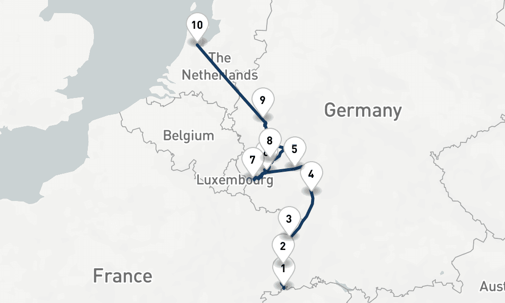 10 nights / 11 days, one-way from Basel to Amsterdam (Holland)