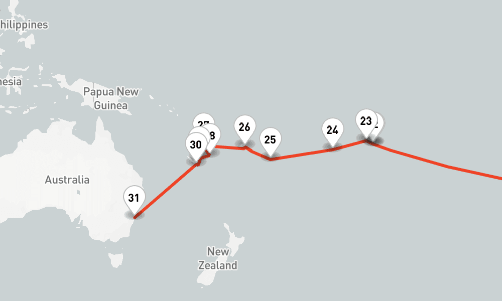 74 days, one-way from Hamburg to Sydney 75日間