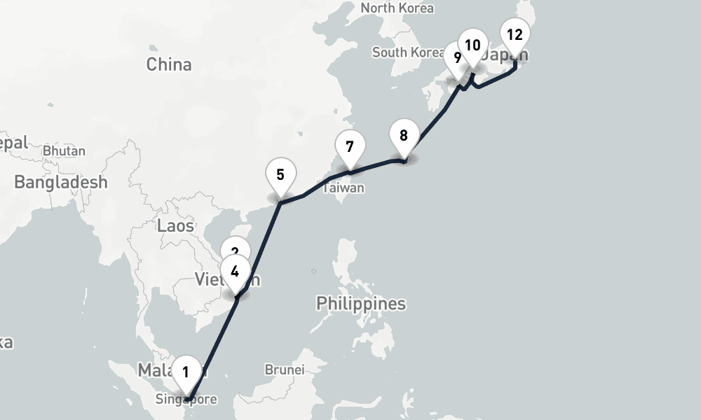 16 days, one-way from Singapore to Tokyo 17日間