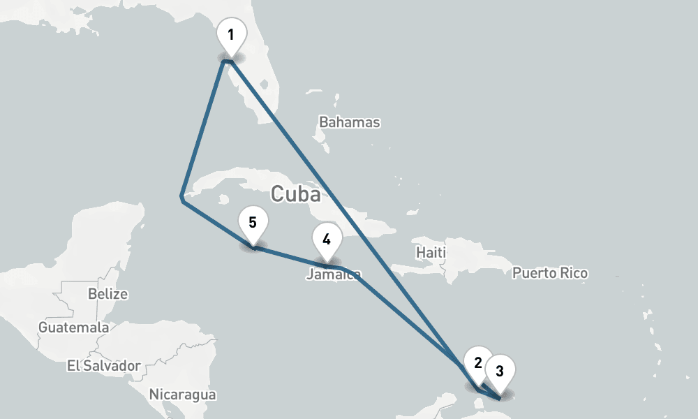10 days, round-trip Caribbean Round-Trip Tampa Curacao, Aruba Dominican Republic 11日間