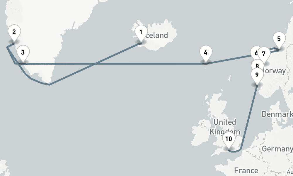 16 days, one-way from Reykjavik to Southampton 17日間