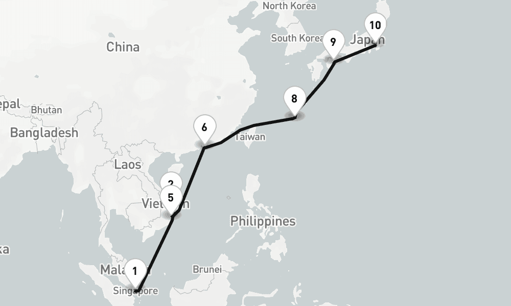 15 days, one-way from Singapore to Tokyo 16日間