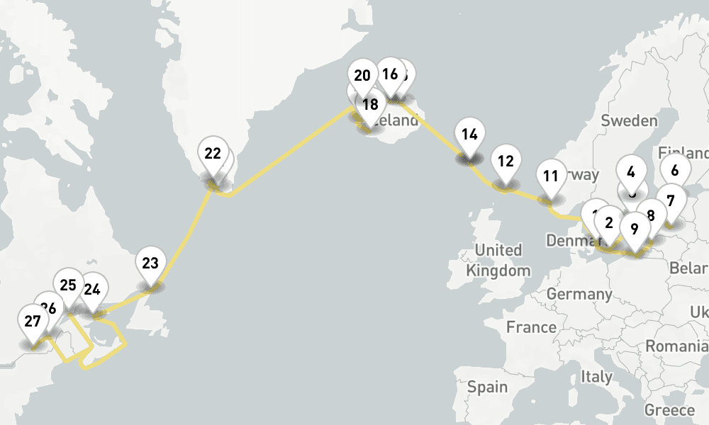 35 days, one-way from Copenhagen to Montreal 36日間