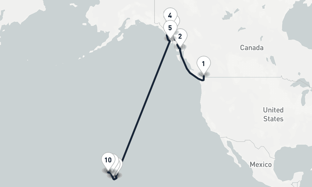 16 days, one-way from Vancouver to Honolulu 17日間