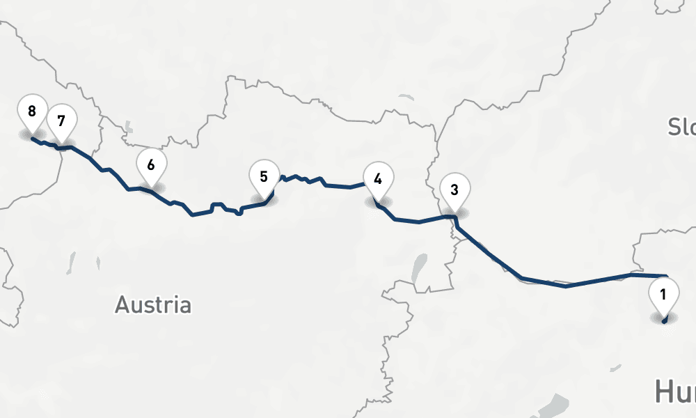 7 days, one-way from Budapest to Vilshofen an der Donau 8日間