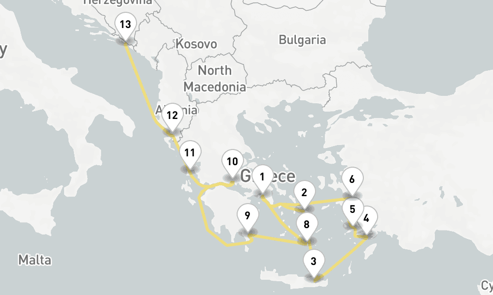 14 days, one-way from Piraeus-Athens to Dubrovnik 15日間