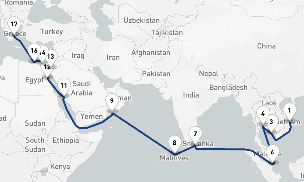 34 days, one-way from Saigon to Piraeus-Athens 35日間