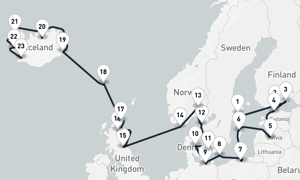 24 days, one-way from Stockholm to Reykjavik 25日間