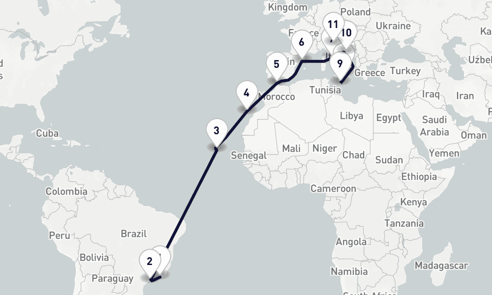 22 days, one-way from Rio de Janeiro to Venice 23日間