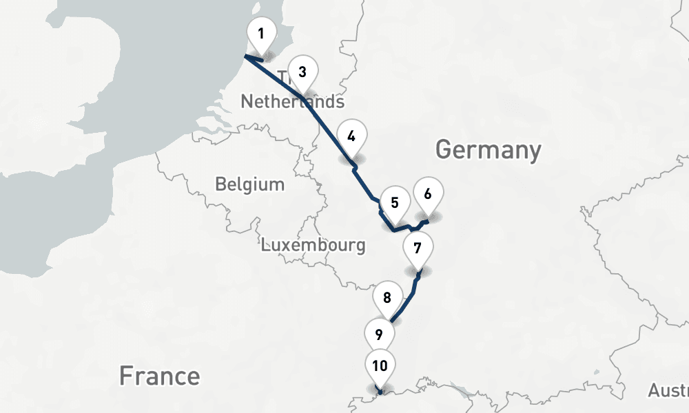 9 nights / 10 days, one-way from Amsterdam (Holland) to Basel