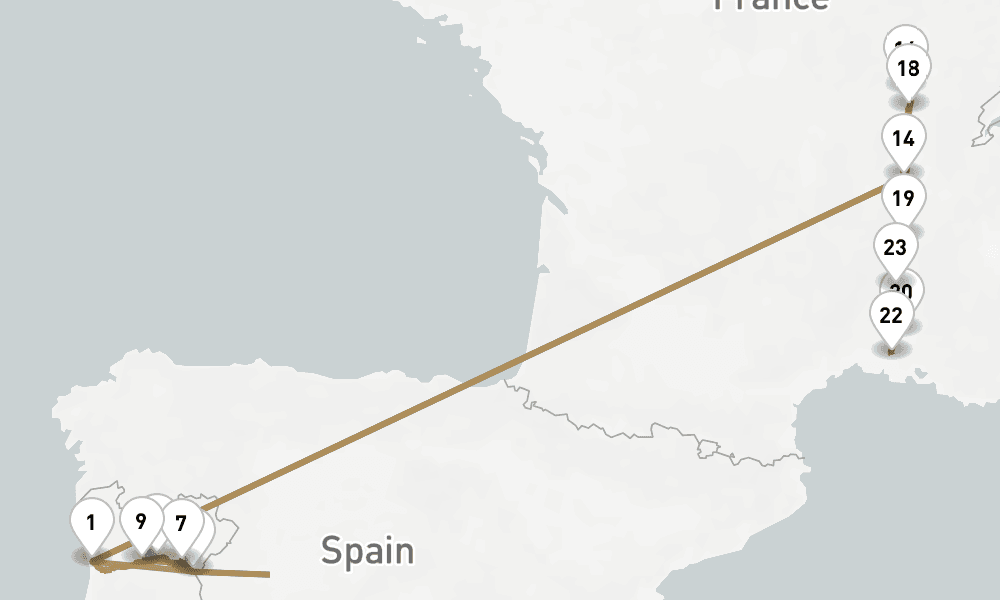 17 nights / 18 days, one-way from Porto to Lyon