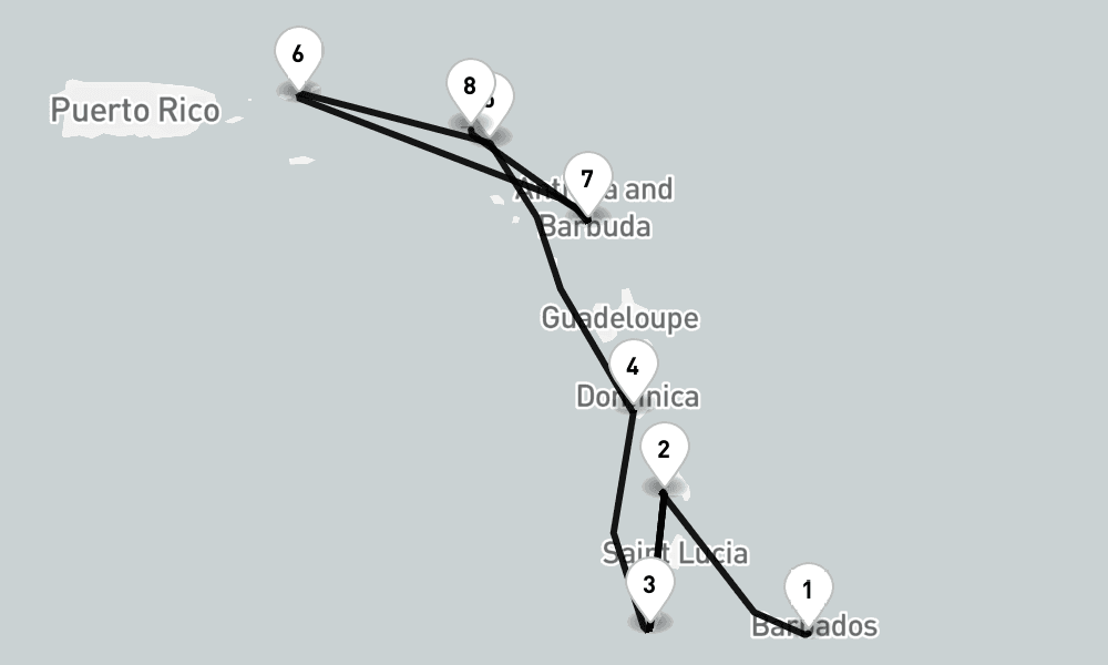 7 nights / 8 days, one-way from Bridgetown (Barbados) to Philipsburg (St Maarten Island, Dutch Antilles)